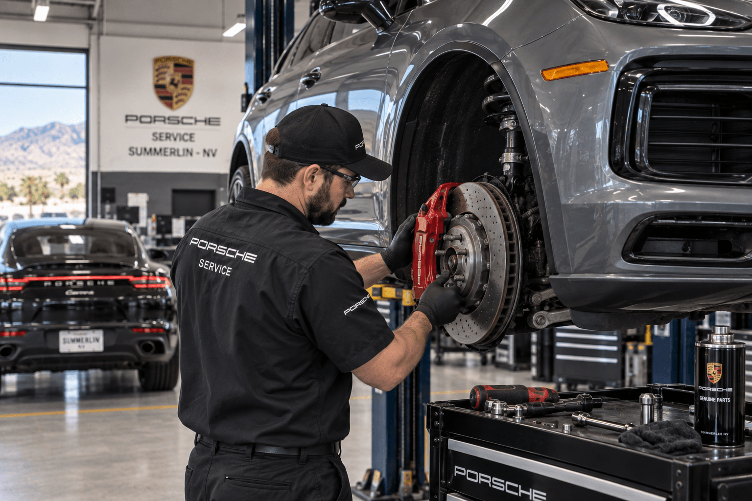 Porsche Auto Repair in Summerlin - NV technician checking brake components on a performance SUV