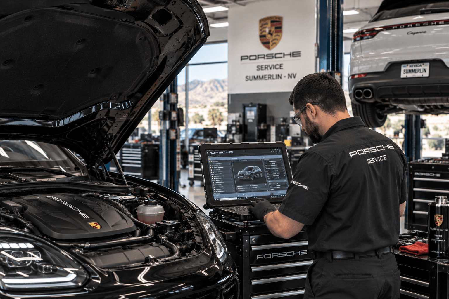 Technician performing Porsche Auto Repair in a Summerlin - NV service bay while reviewing scan data