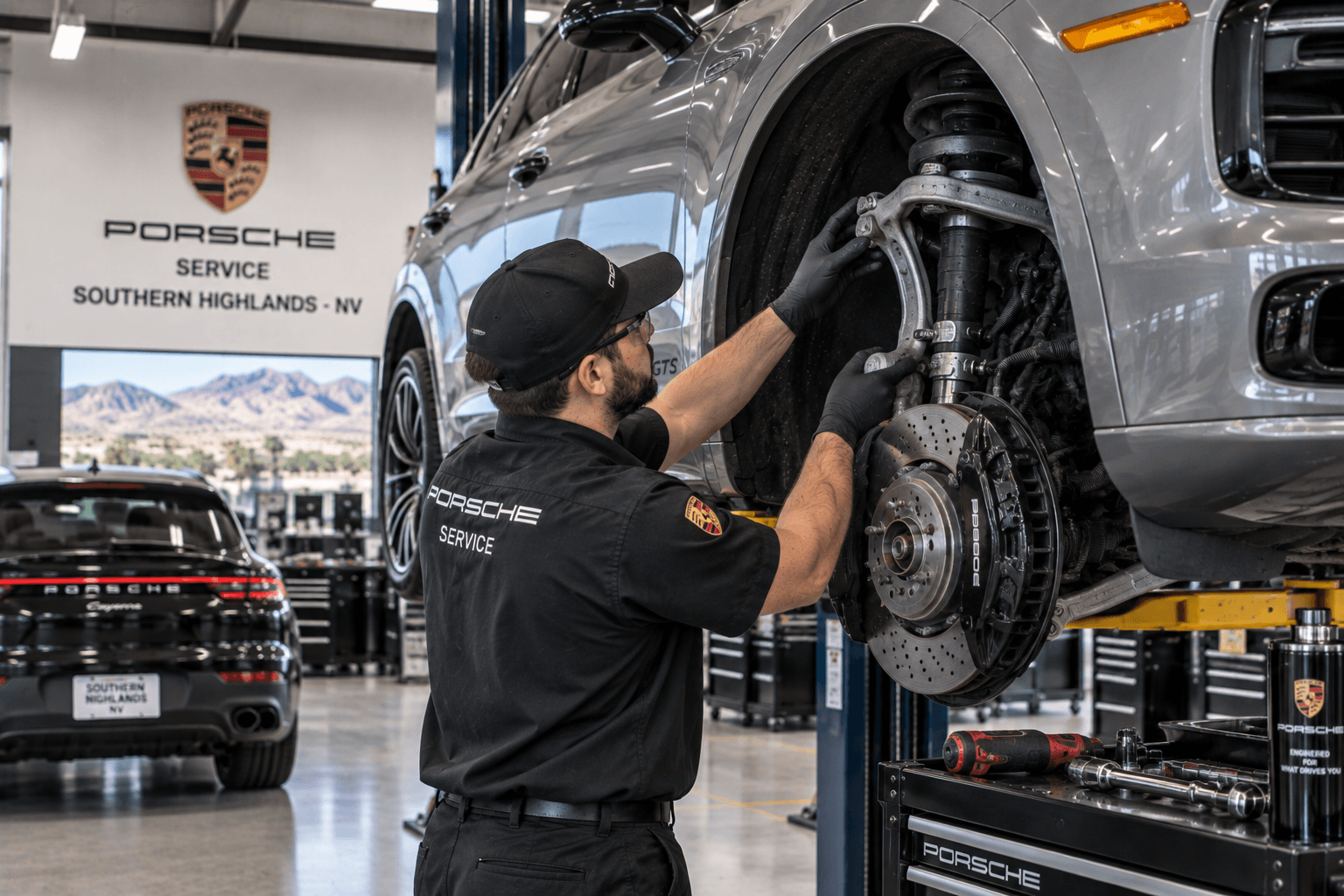 Porsche Auto Repair in Southern Highlands - NV technician inspecting suspension components on a luxury SUV