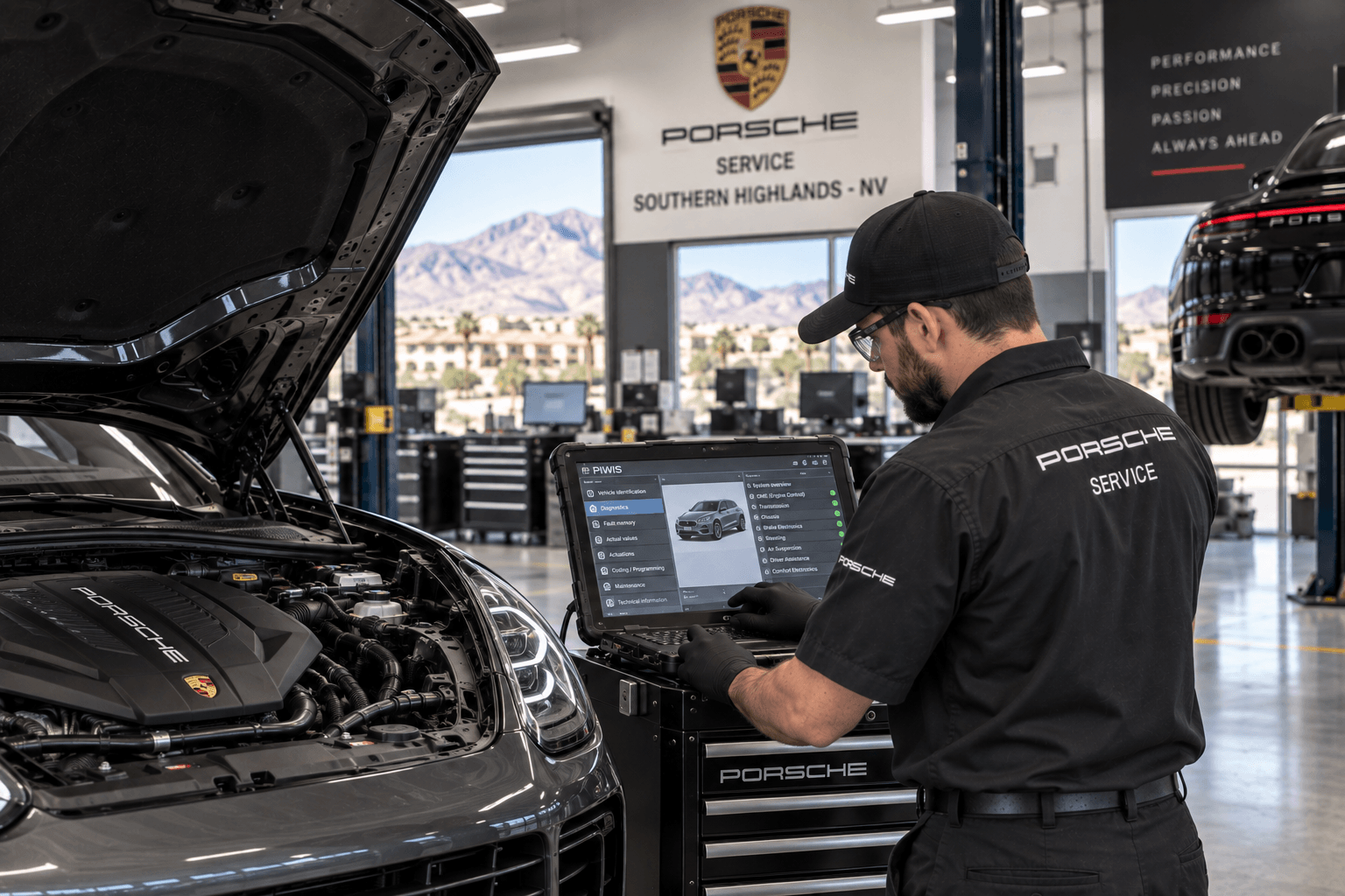 Technician performing Porsche Auto Repair diagnostics in a Southern Highlands - NV shop using scan tools
