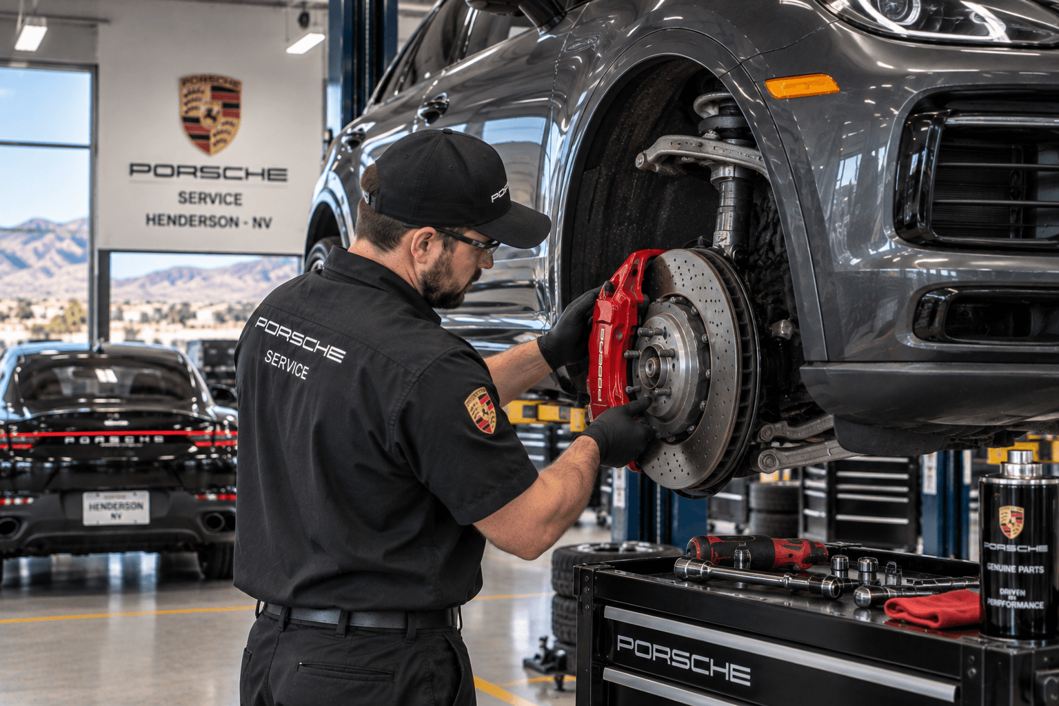 Porsche Auto Repair in Henderson - NV technician checking brake components on a Porsche SUV