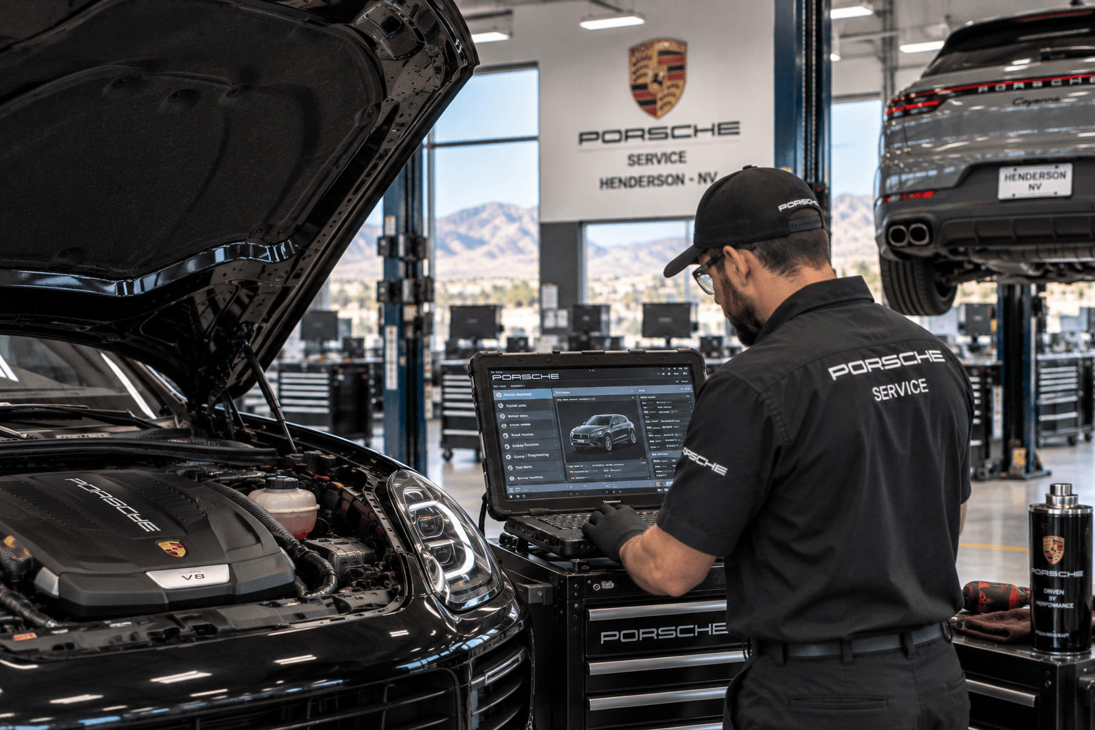 Specialist performing Porsche Auto Repair testing on a Henderson - NV vehicle with diagnostic equipment