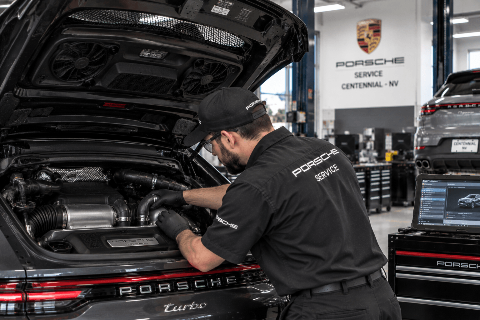 Porsche Auto Repair in Centennial - NV technician inspecting cooling hoses beneath an open rear hatch