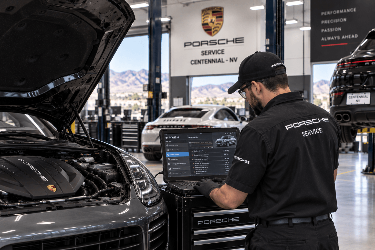 Technician performing Porsche Auto Repair on a Centennial - NV vehicle while reviewing live diagnostic data