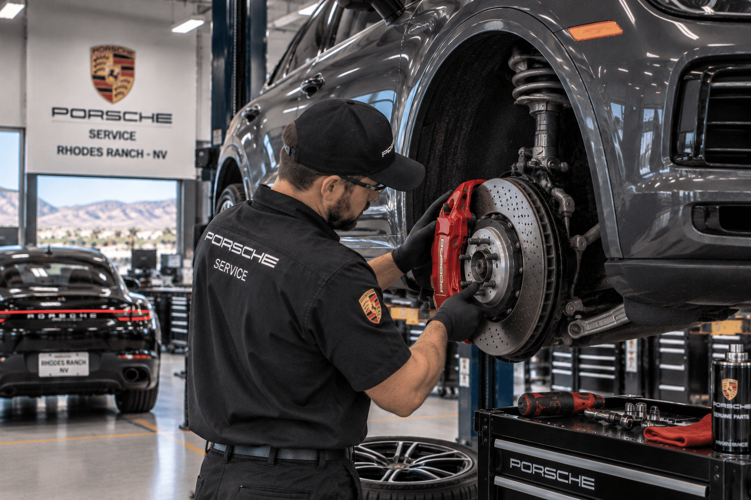 Porsche Auto Repair in Rhodes Ranch - NV technician checking brake components with the wheel removed