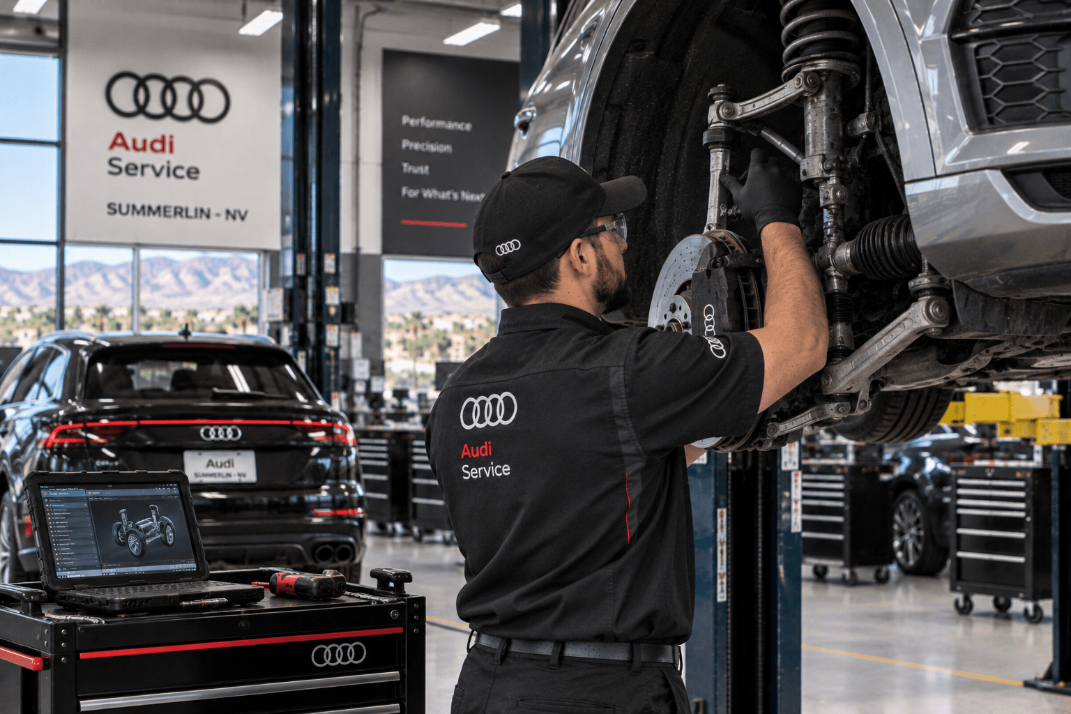 Audi Auto Repair in Summerlin - NV technician inspecting front suspension components on a raised vehicle
