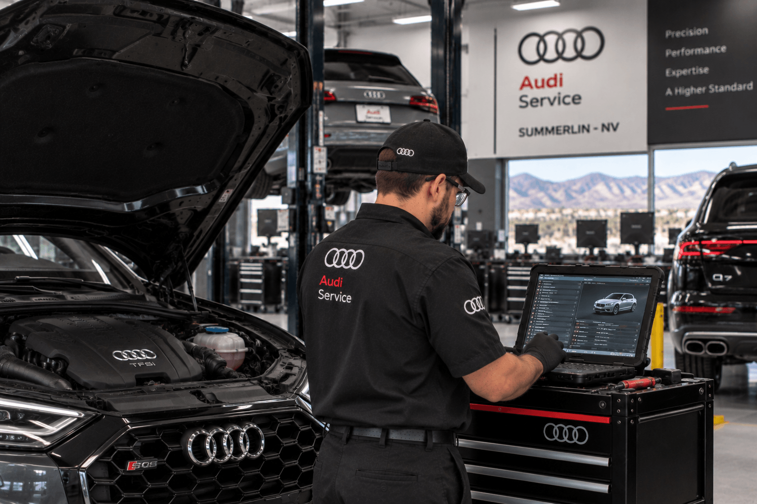 Technician performing Audi Auto Repair in a Summerlin - NV service bay while reviewing diagnostic data