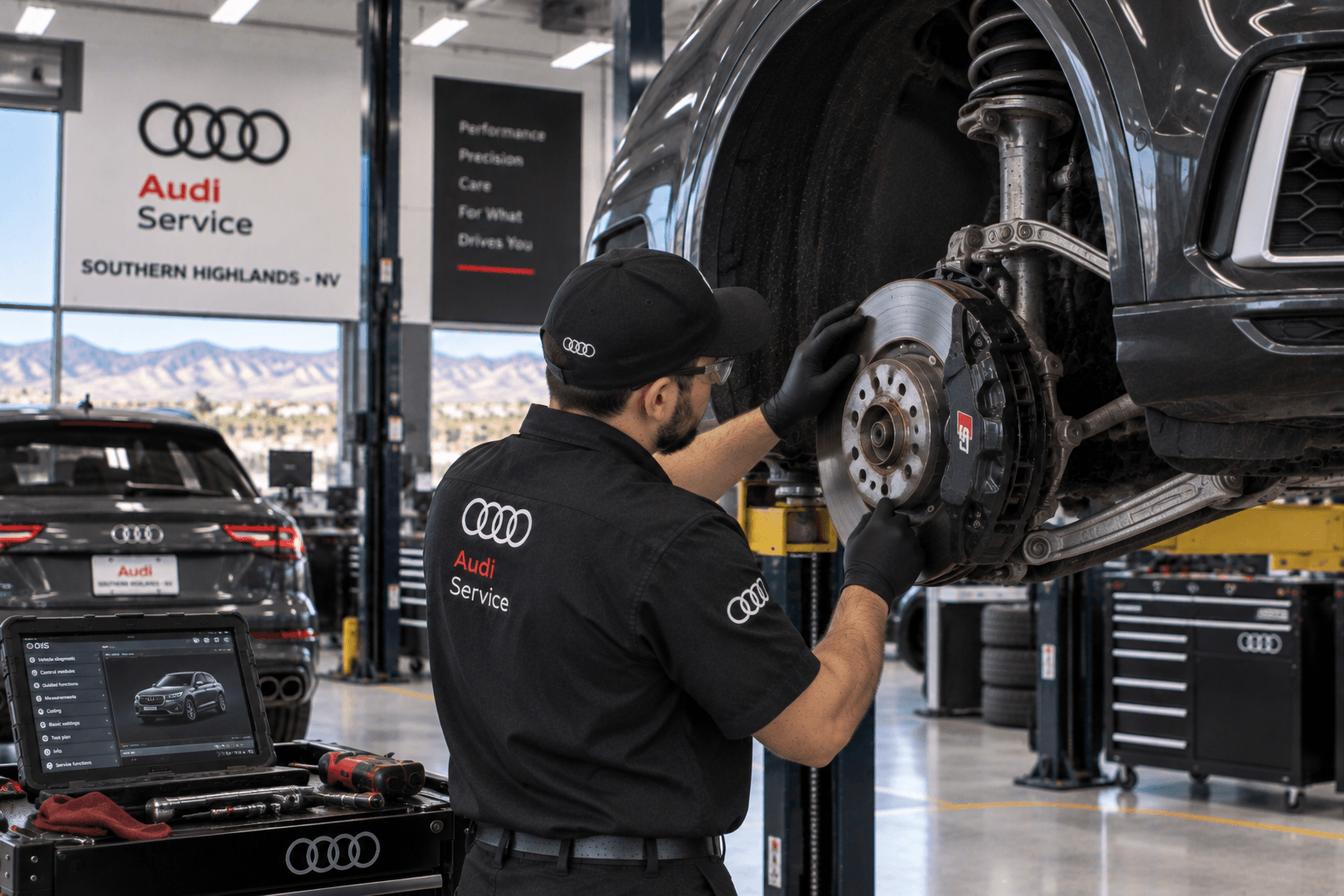 Audi Auto Repair in Southern Highlands - NV technician checking brake components during a lift inspection