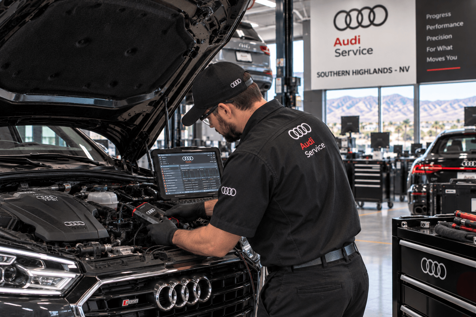 Technician performing Audi Auto Repair on an engine system in Southern Highlands - NV with diagnostic tools