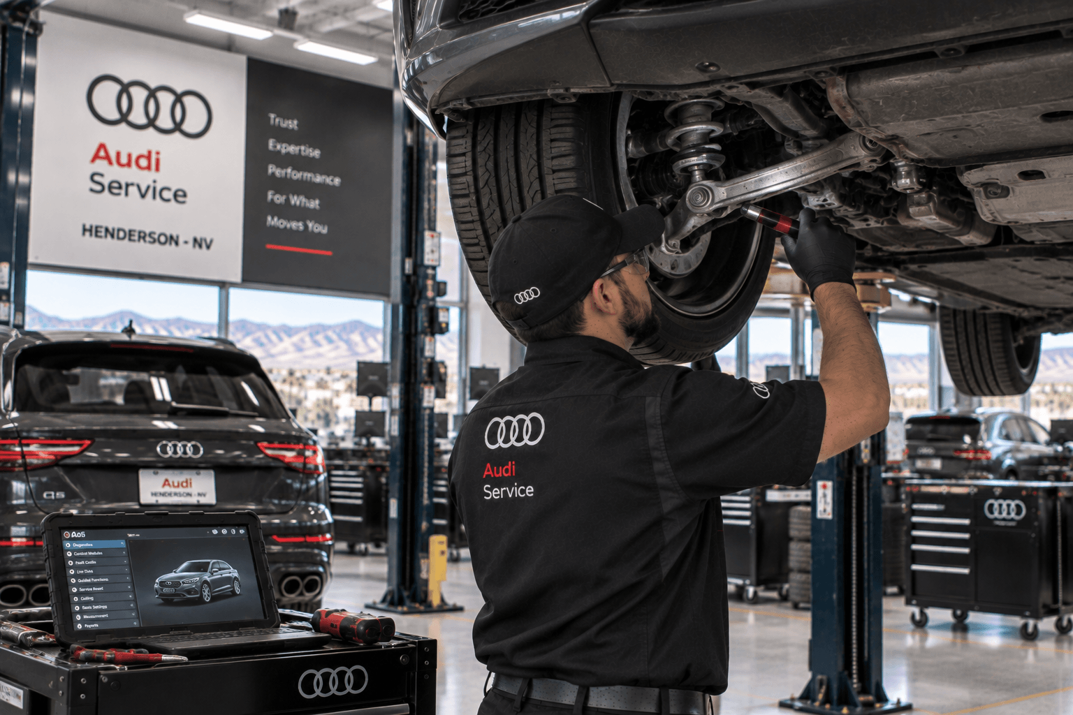 Audi Auto Repair in Henderson - NV technician inspecting suspension components beneath a lifted sedan