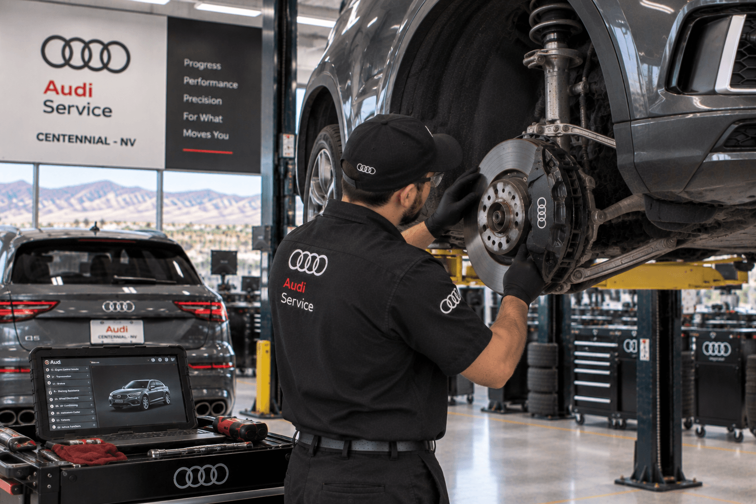 Audi Auto Repair in Centennial - NV technician checking brake components on a lifted crossover