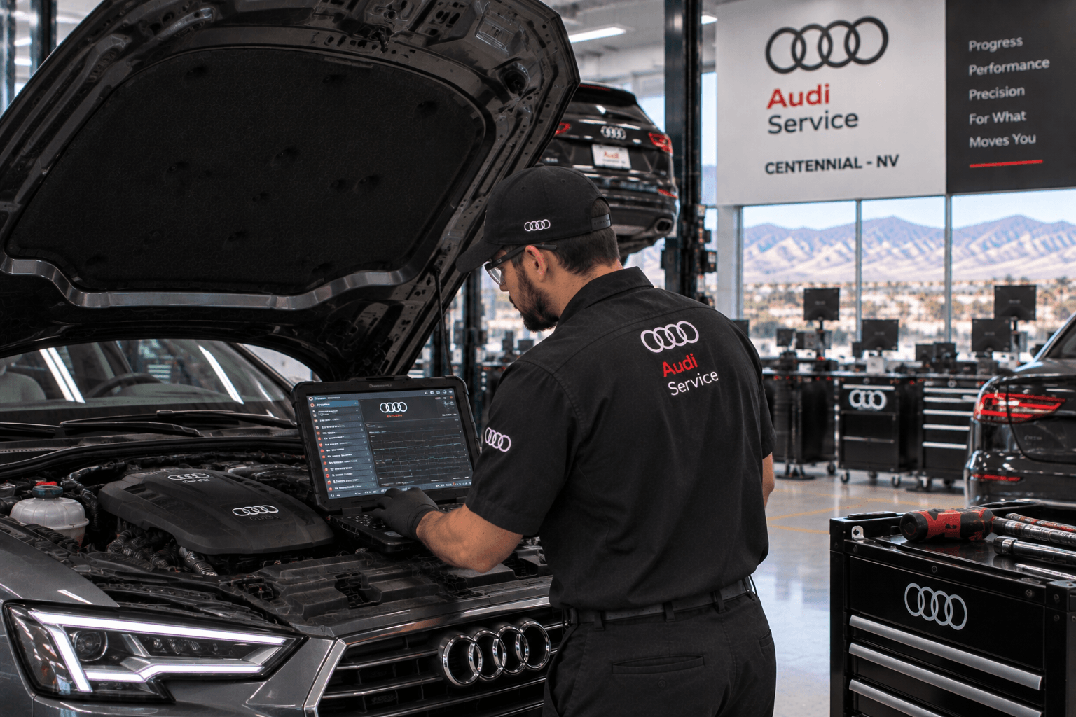Technician performing Audi Auto Repair diagnostics on a Centennial - NV sedan in a service bay
