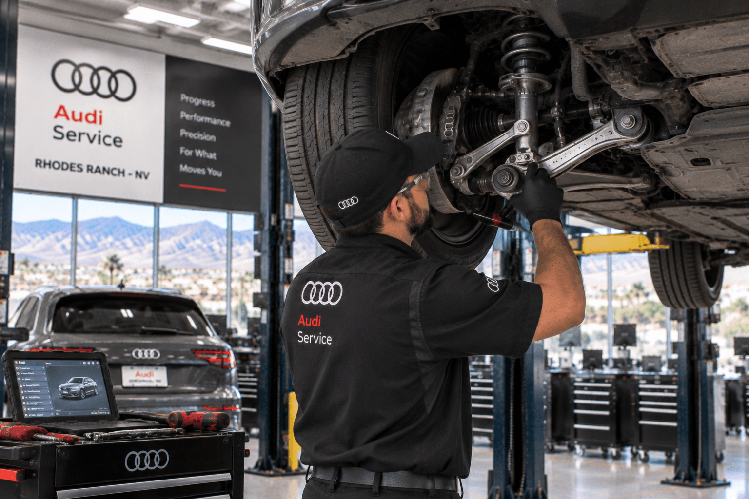 Audi Auto Repair in Rhodes Ranch - NV technician inspecting an Audi suspension assembly on a lift