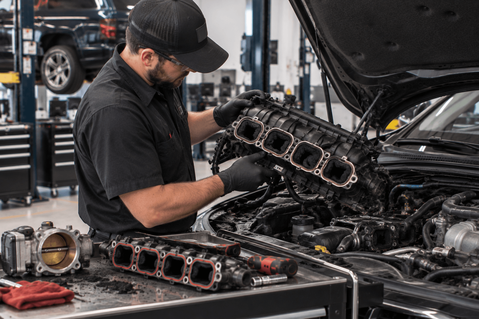 Engine Carbon Cleaning in Summerlin - NV technician removing intake components for deposit inspection
