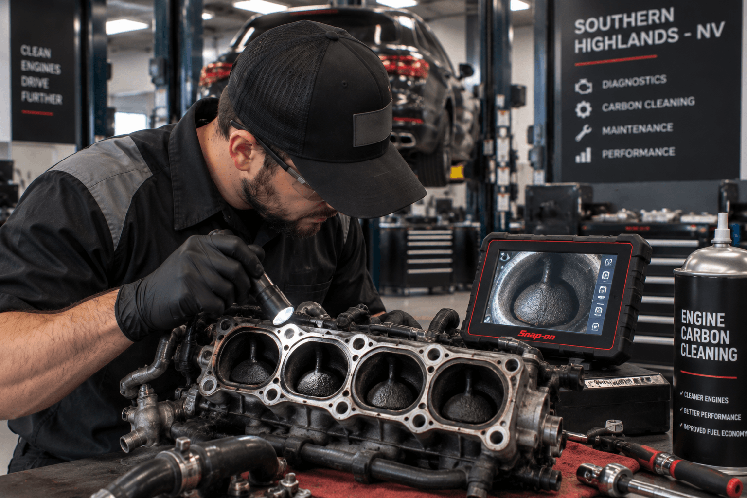 Engine Carbon Cleaning in Southern Highlands - NV technician inspecting intake valves under shop lighting