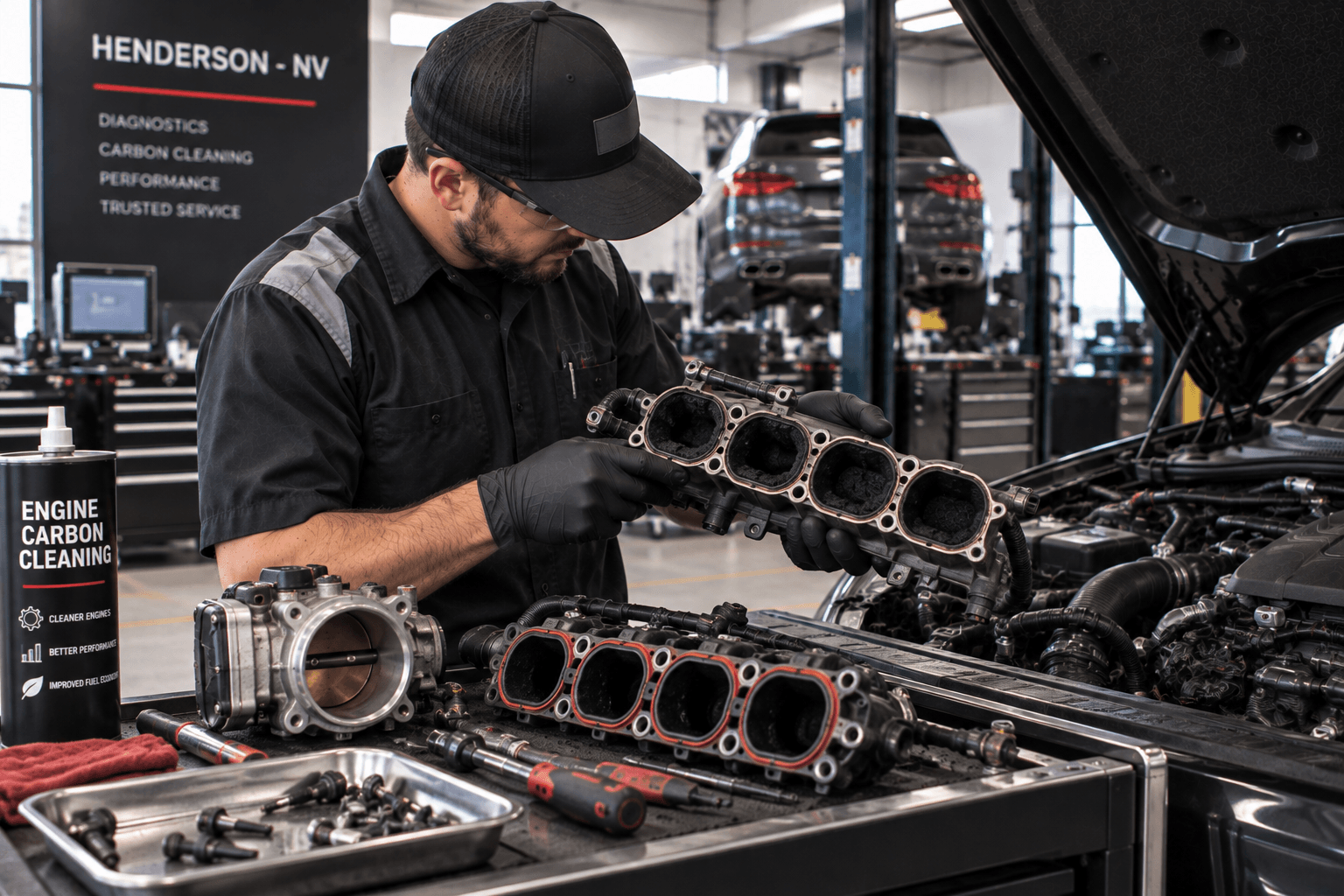 Engine Carbon Cleaning in Henderson - NV technician examining intake components beside an open hood