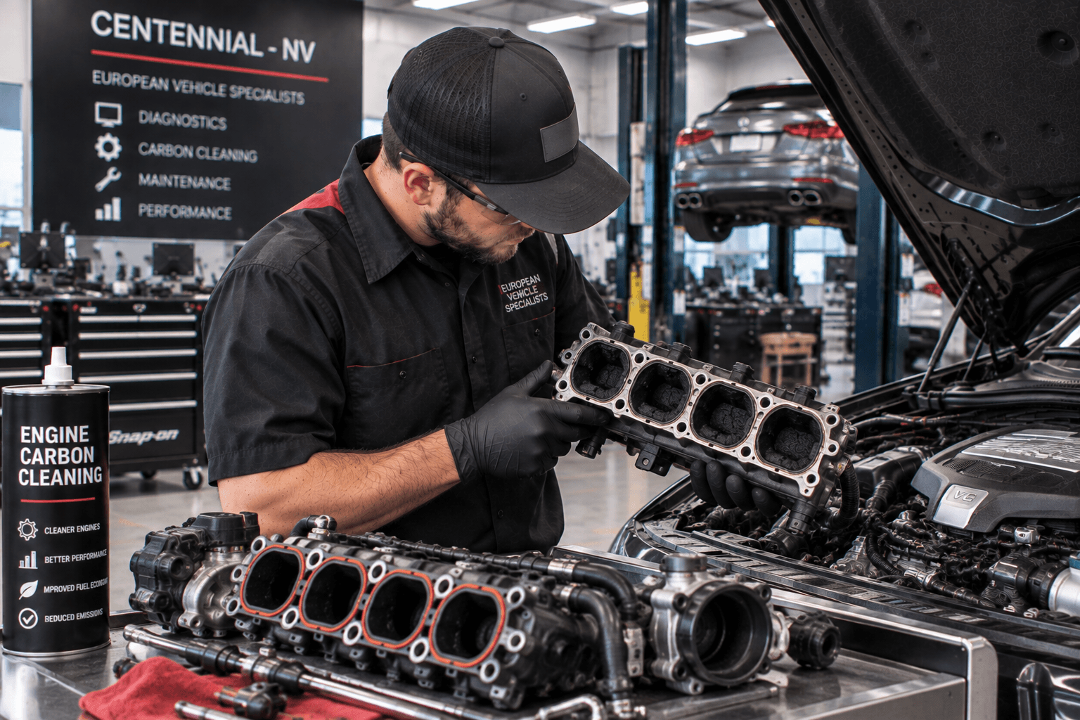 Engine Carbon Cleaning in Centennial - NV technician inspecting intake components under bright shop lighting