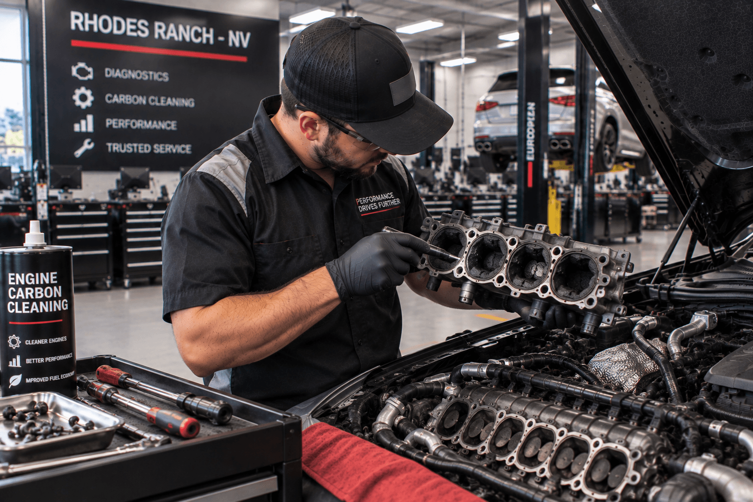 Engine Carbon Cleaning in Rhodes Ranch - NV technician examining intake valves during diagnostic service