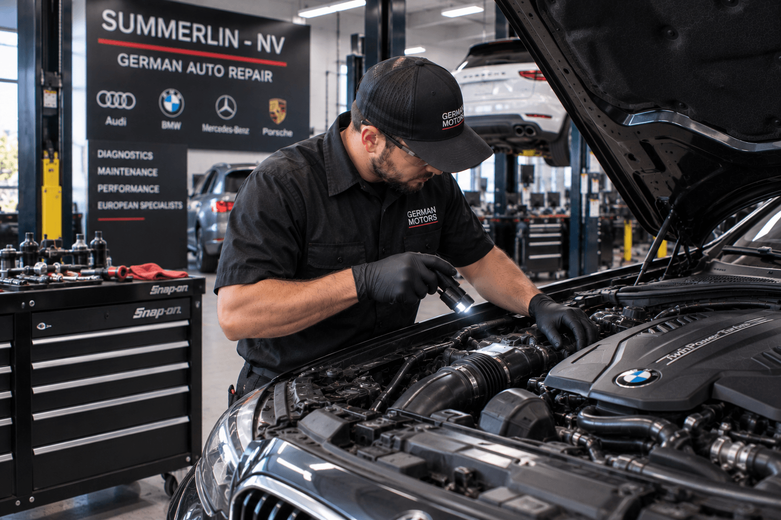 German Auto Repair in Summerlin - NV technician inspecting a European engine bay during service