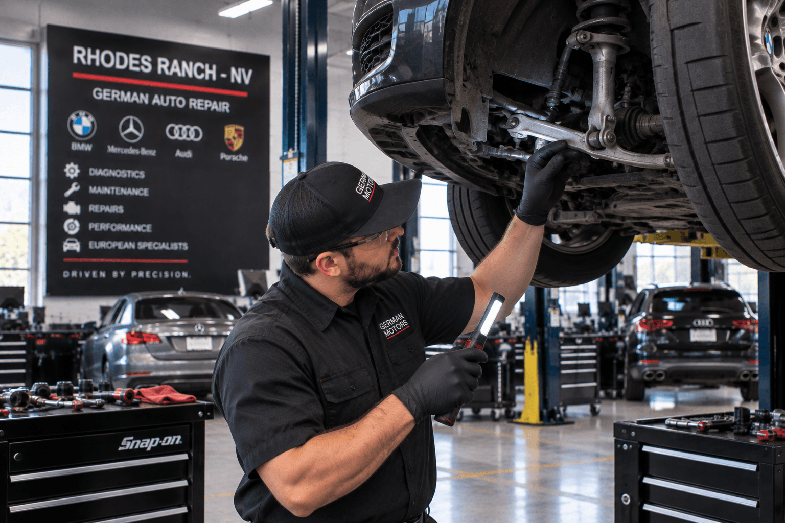 German Auto Repair in Rhodes Ranch - NV technician inspecting suspension parts on a lifted sedan