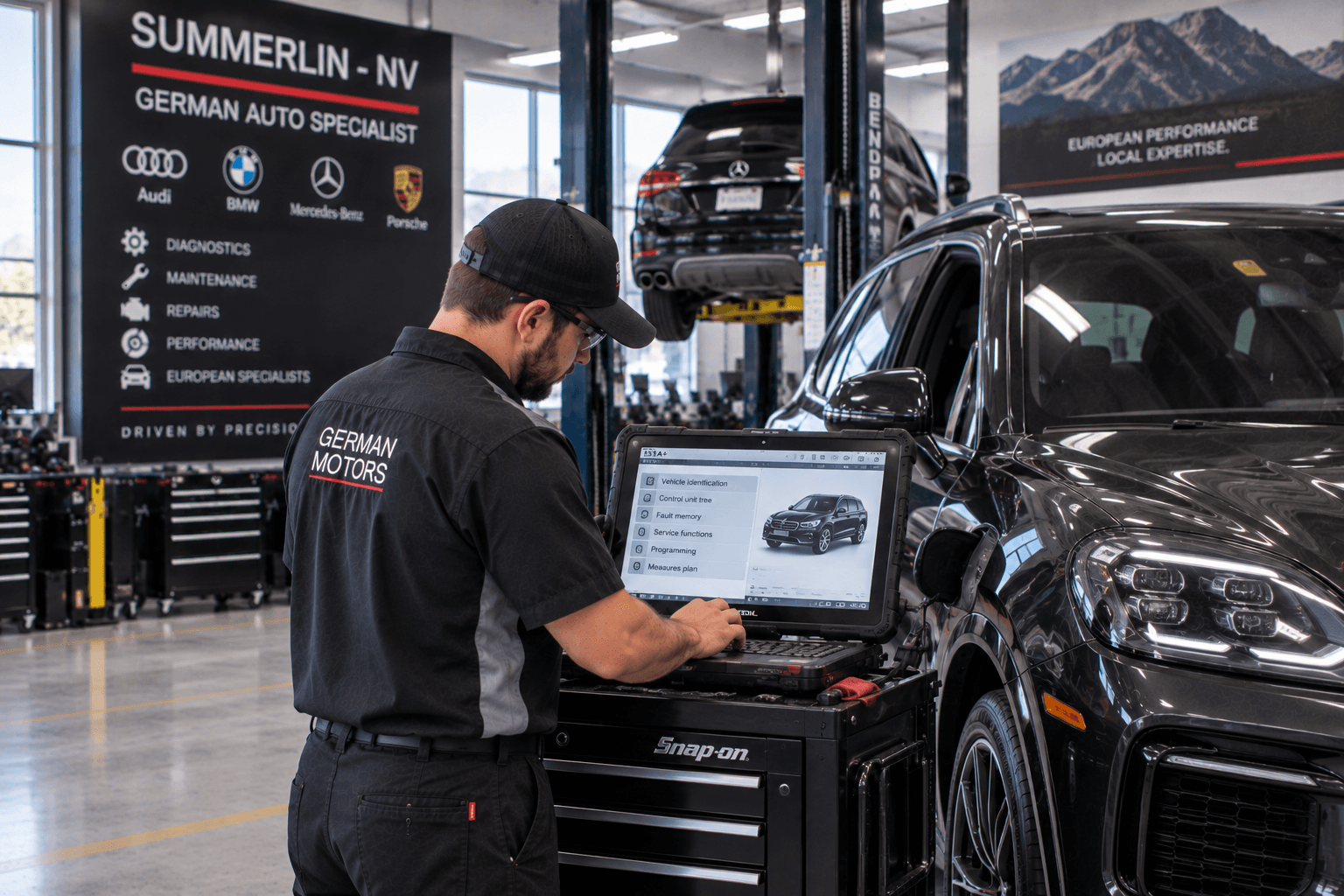 German Auto Specialist in Summerlin - NV technician scanning a European SUV during diagnostics