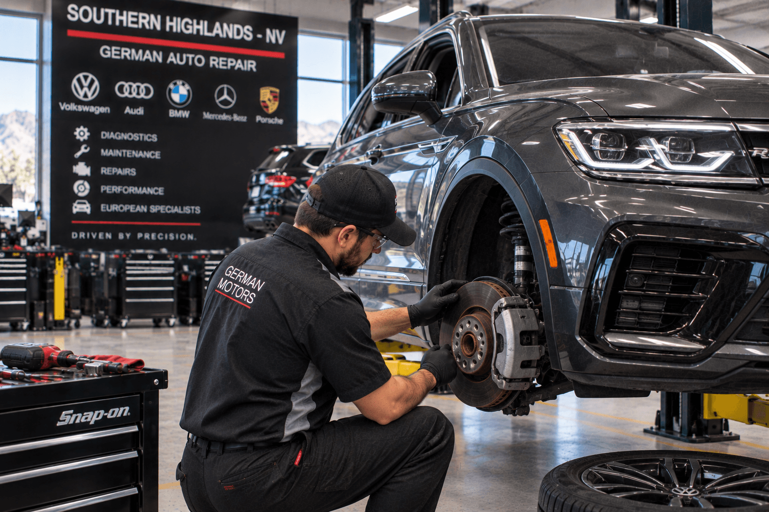 Volkswagen Repair in Southern Highlands - NV technician checking brake components on a parked SUV
