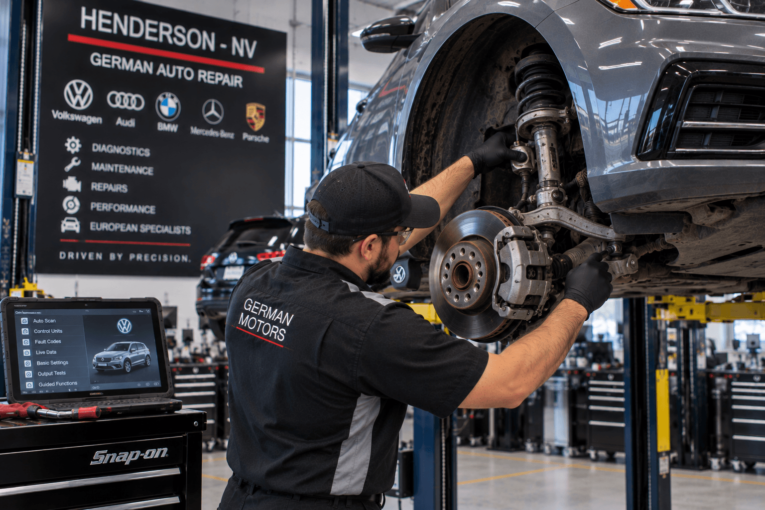 Volkswagen Repair in Henderson - NV technician inspecting suspension components on a lifted sedan