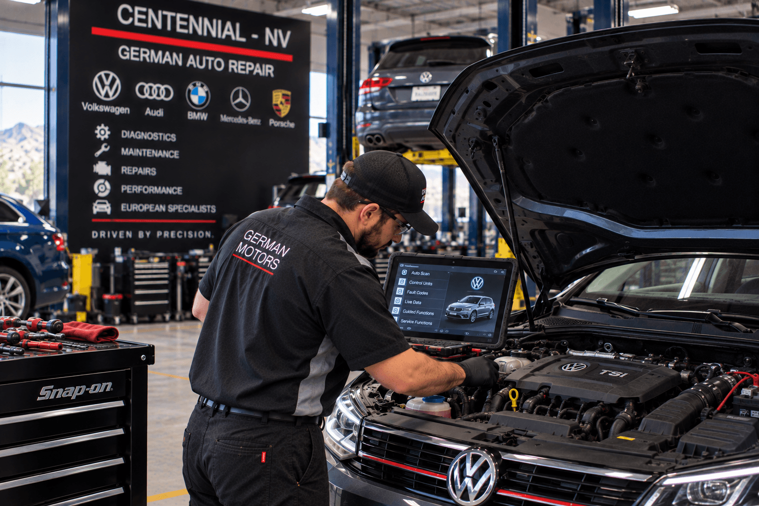 Volkswagen Repair in Centennial - NV technician checking engine components with diagnostic tools