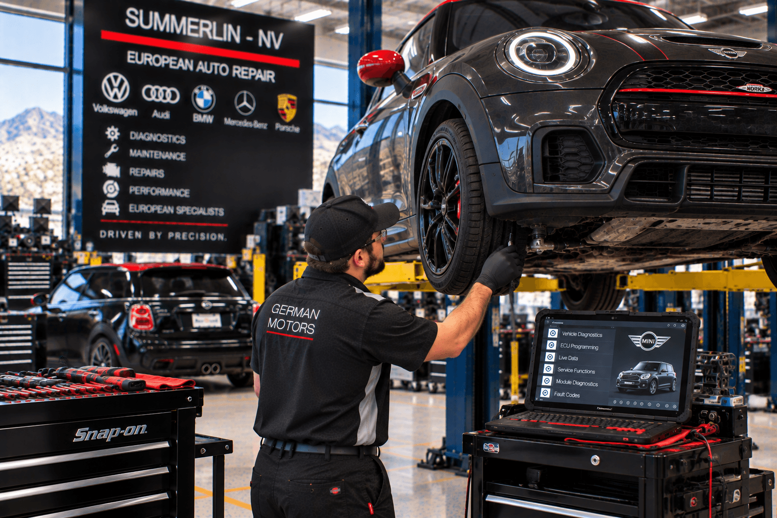 Mini Cooper Repair in Summerlin - NV technician inspecting a compact hatchback on a lift