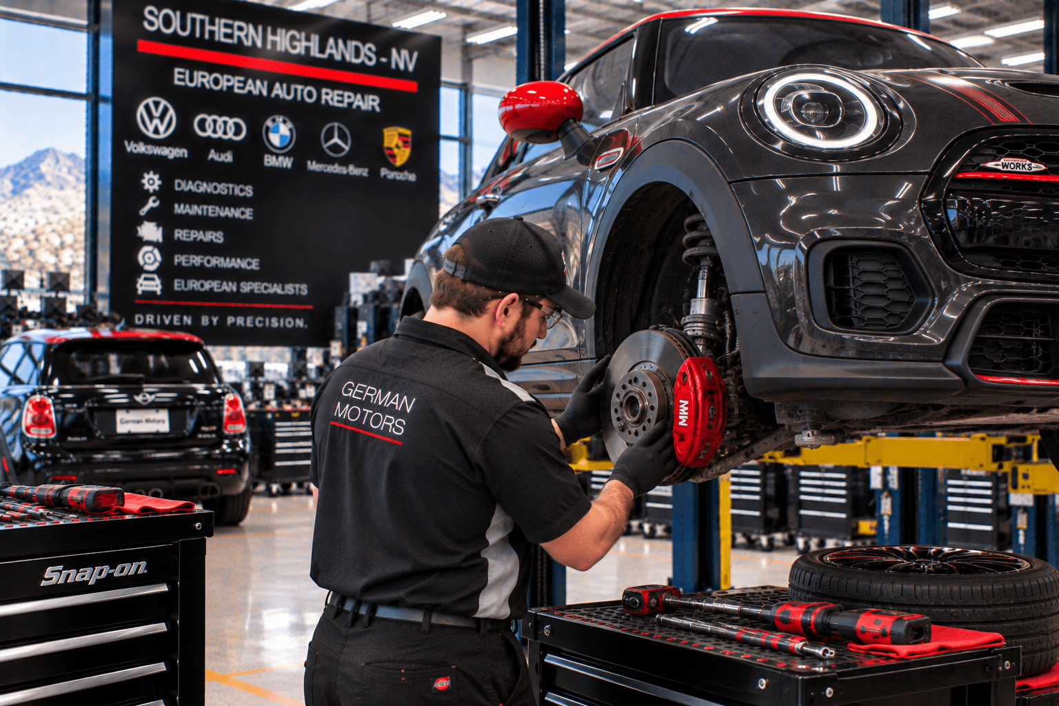 Technician performing Mini Cooper repair diagnostics in Summerlin - NV with scan tools and hood open+