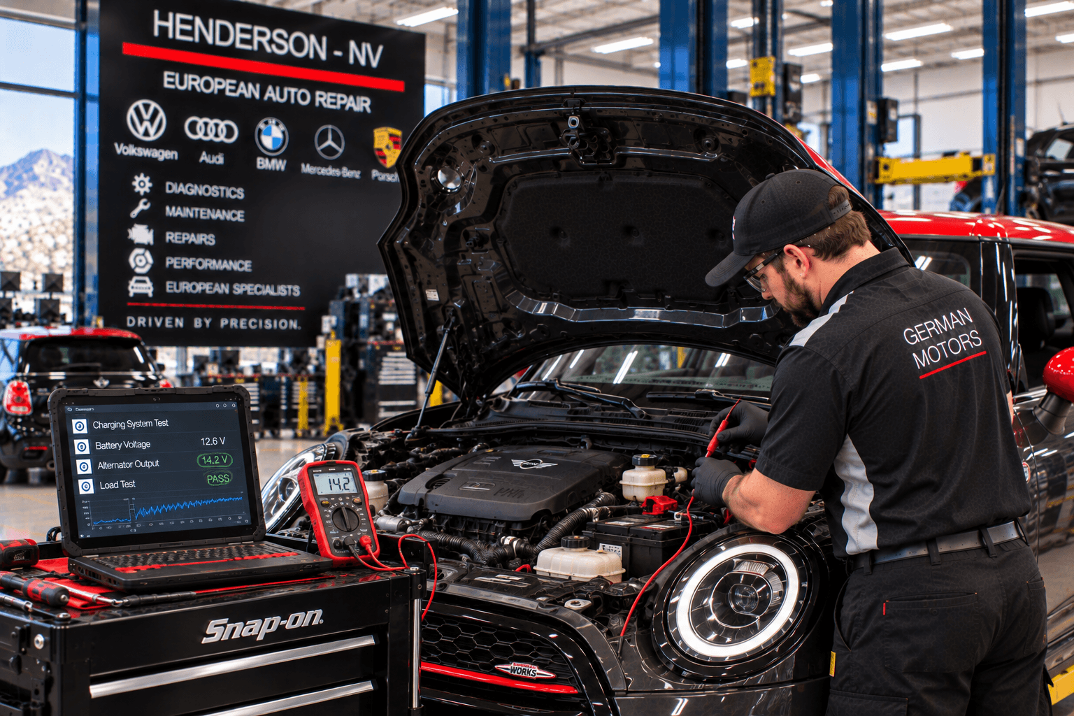Mini Cooper Repair in Henderson - NV underway as a technician tests battery and charging components