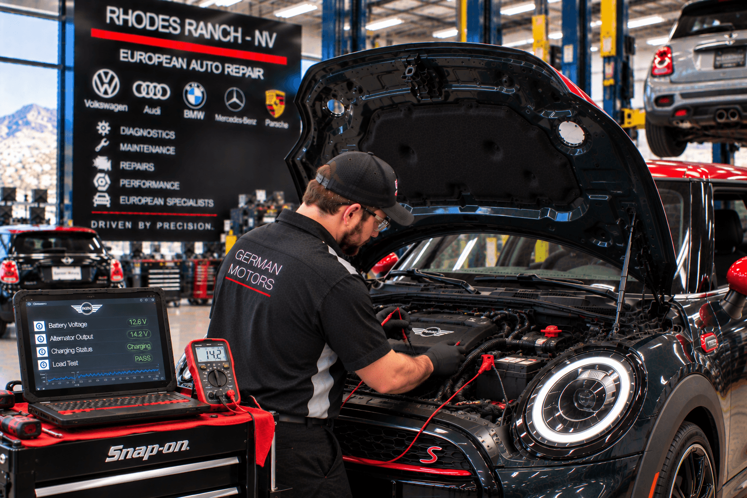 Mini Cooper Repair in Rhodes Ranch - NV underway as a technician tests battery and charging output