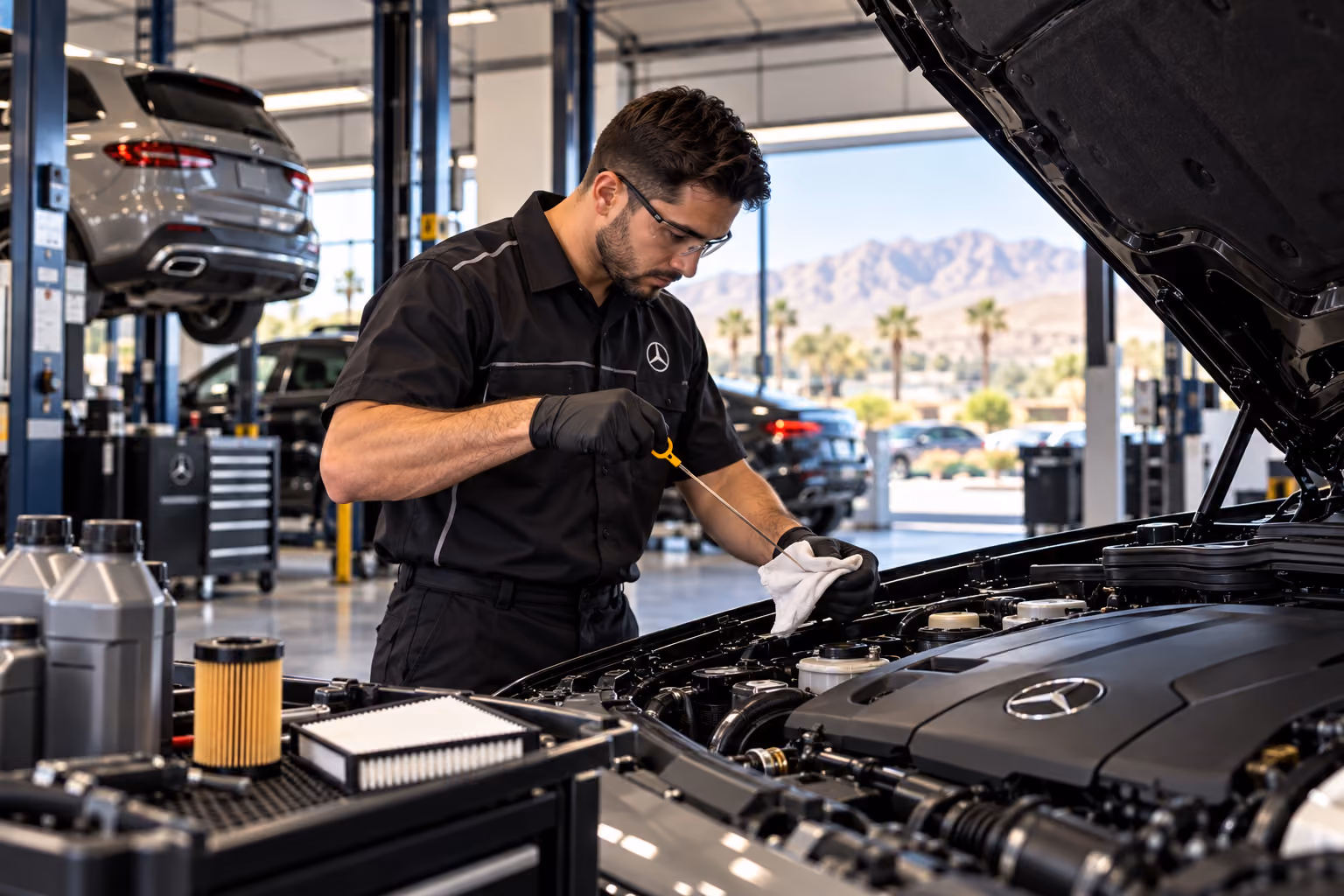 Mechanic wearing black Mercedes uniform and gloves checking engine oil level with a dipstick under the open hood of a Mercedes car inside a bright service garage with other vehicles and tools visible.