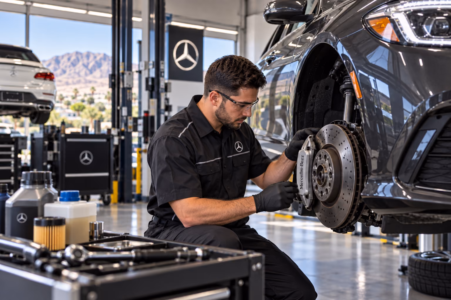 Mercedes-Benz Service A & B in Southern Highlands - NV as a technician inspects brakes and fluids