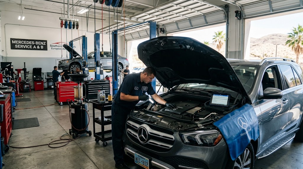 Technician performing Mercedes-Benz Service A & B on a vehicle in Southern Highlands - NV workshop