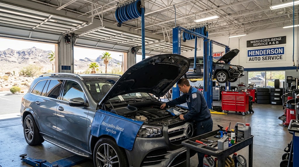 Technician performing Mercedes-Benz Service A & B on a luxury SUV inside a Henderson - NV service bay