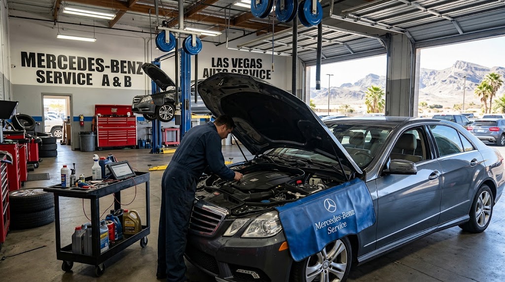 Technician performing Mercedes-Benz Service A & B on a luxury sedan inside a Las Vegas - NV workshop