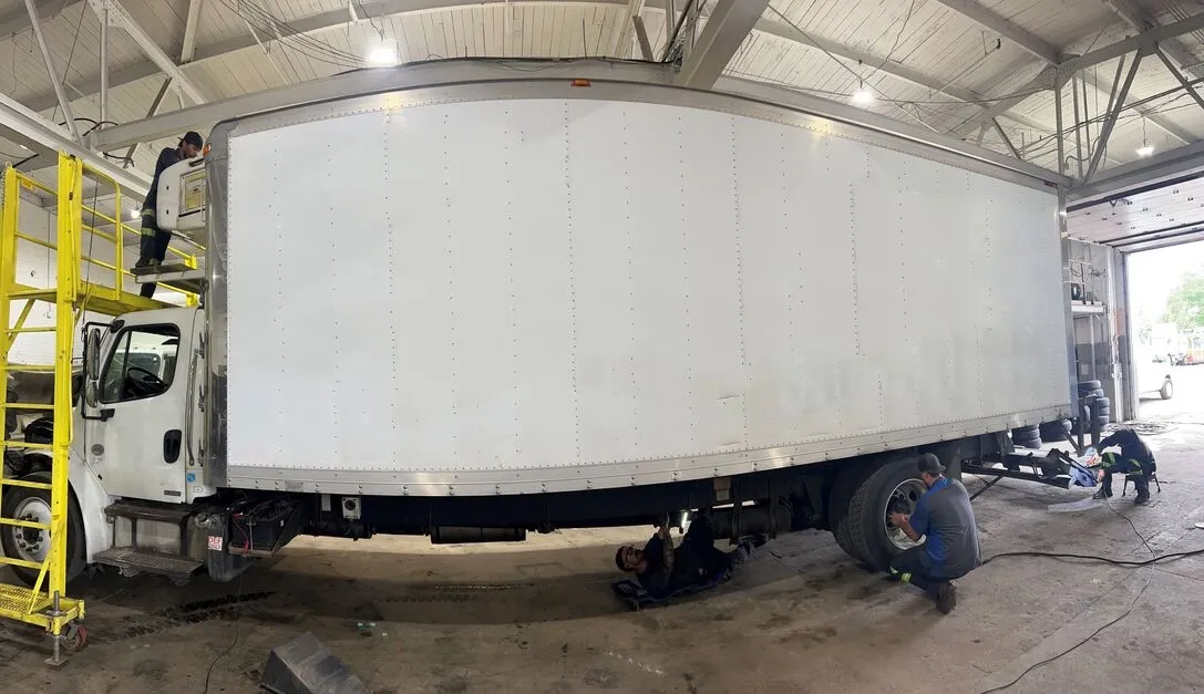 Semi truck in service garage