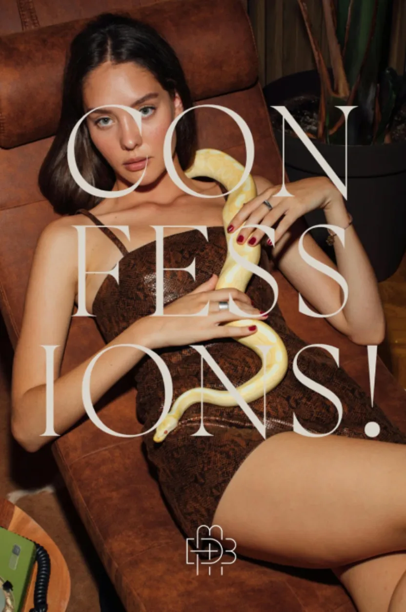 Visuel « Confessions » avec femme en robe et python, signé Hospitality Family.