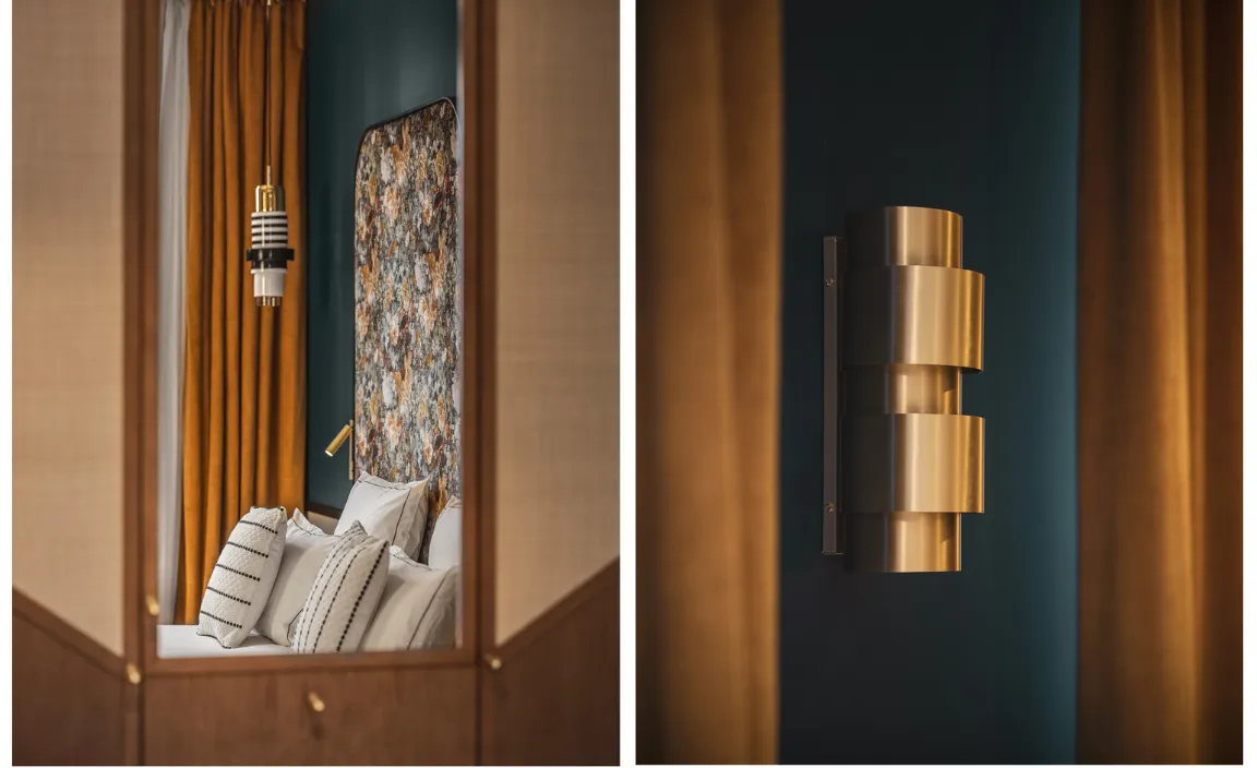 Détails de chambre du Dandy Hôtel : tête de lit imprimée et applique laiton, projet Hospitality Family.