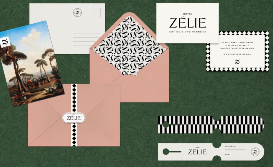 Papeterie de marque de l'Hôtel Zélie : cartes, enveloppes et pancartes de porte, projet Hospitality Family.