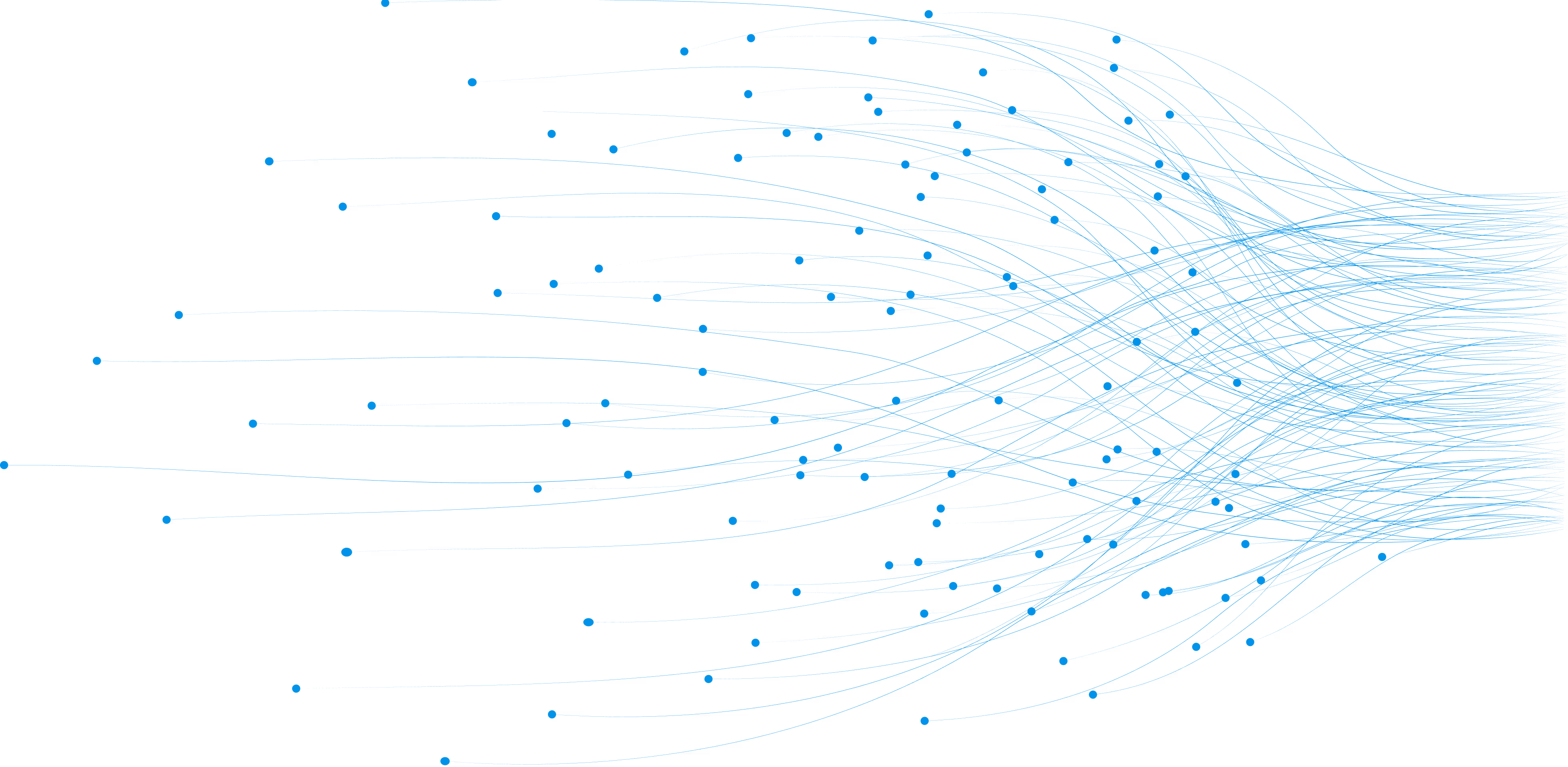 Blue lines and dots flowing from left to right on a black background, forming a dynamic network pattern.