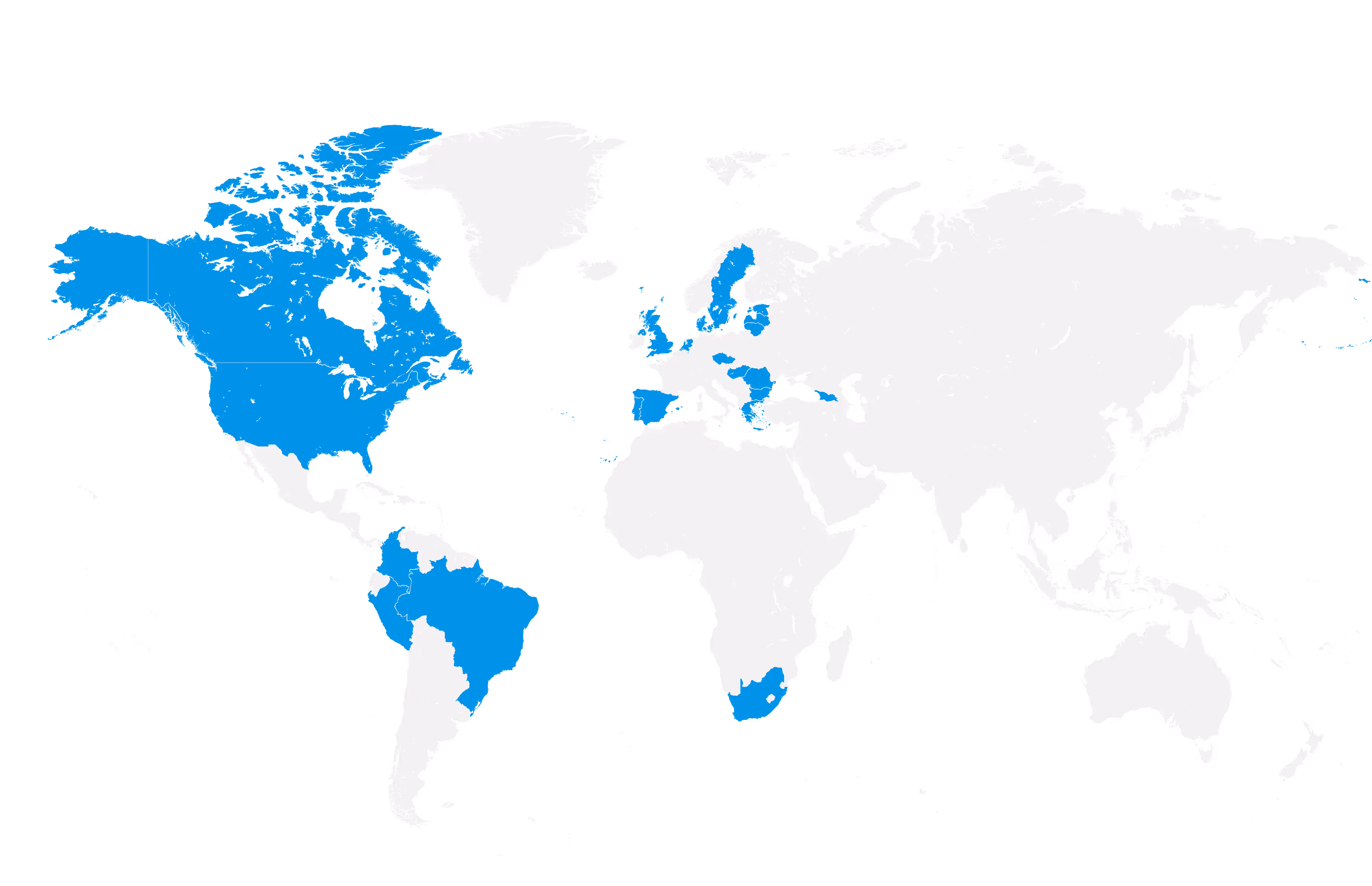 World map highlighting countries in North, South America, Europe, and southern Africa in blue.