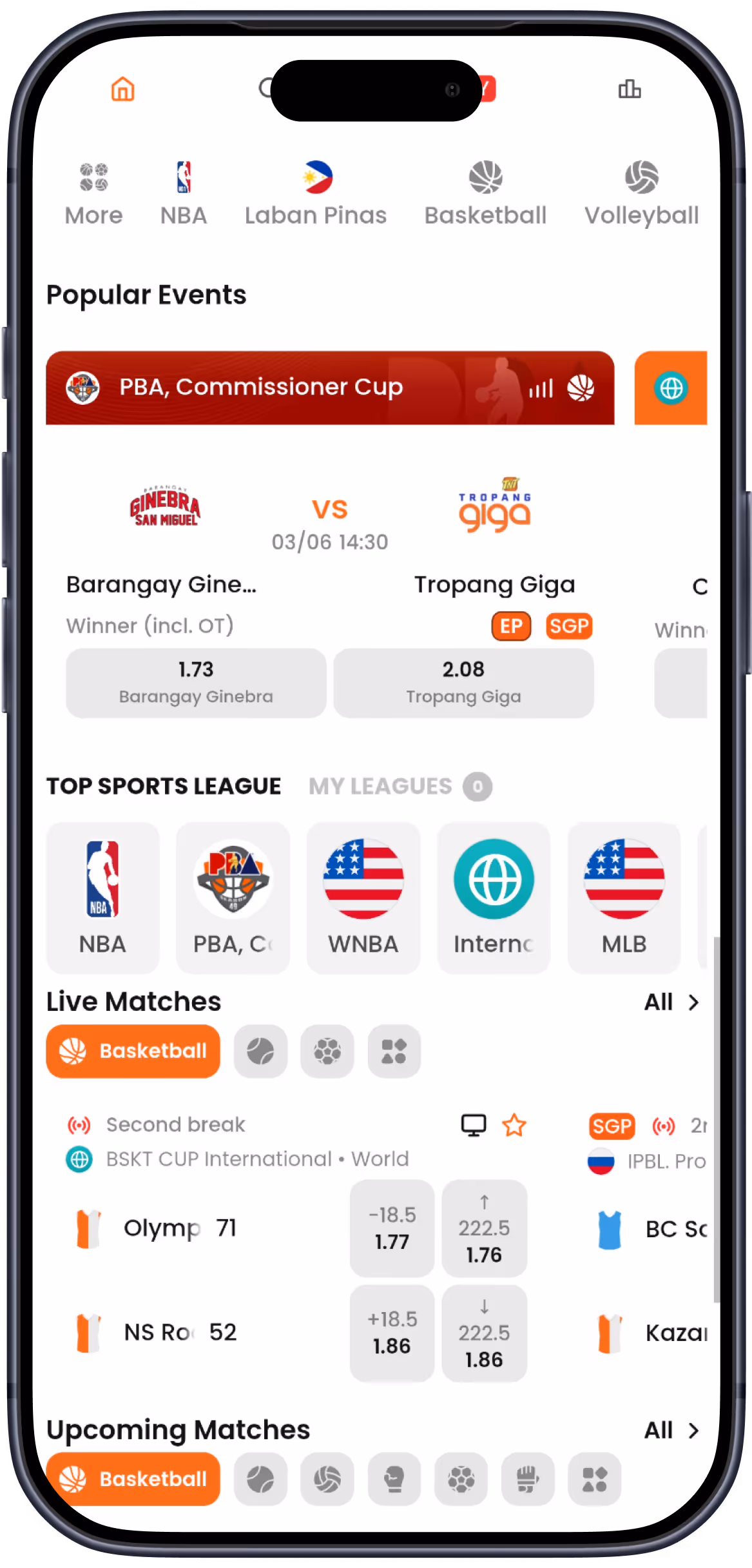 Mobile sports app showing basketball odds, popular events, live matches, and upcoming matches.