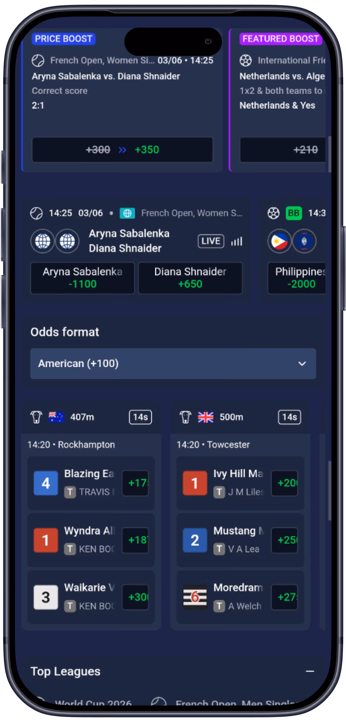 Sports betting app screen showing tennis odds, horse race details, and odds format selection.