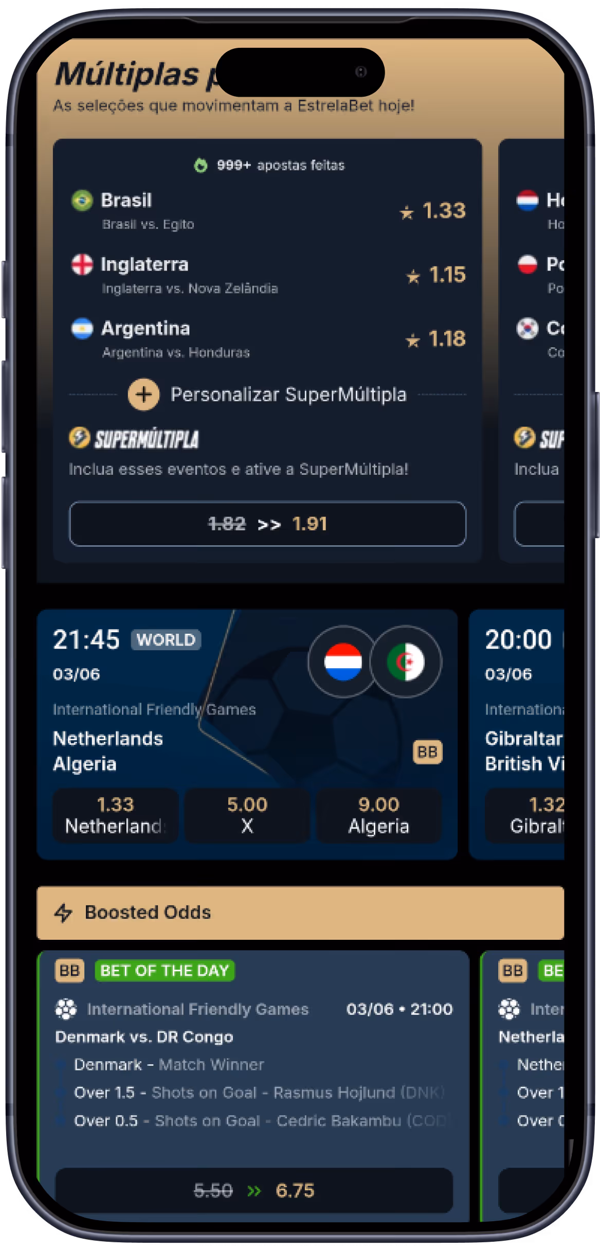 Sports betting app screen showing international soccer matches, odds, and boosted bets for Denmark vs. DR Congo.