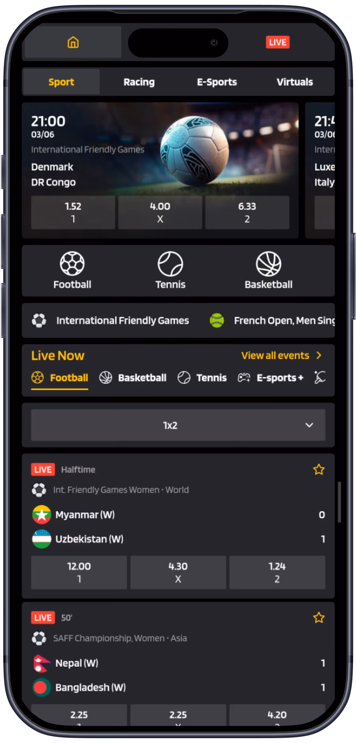 Mobile sports betting app showing live football matches, odds, and scores for international games.