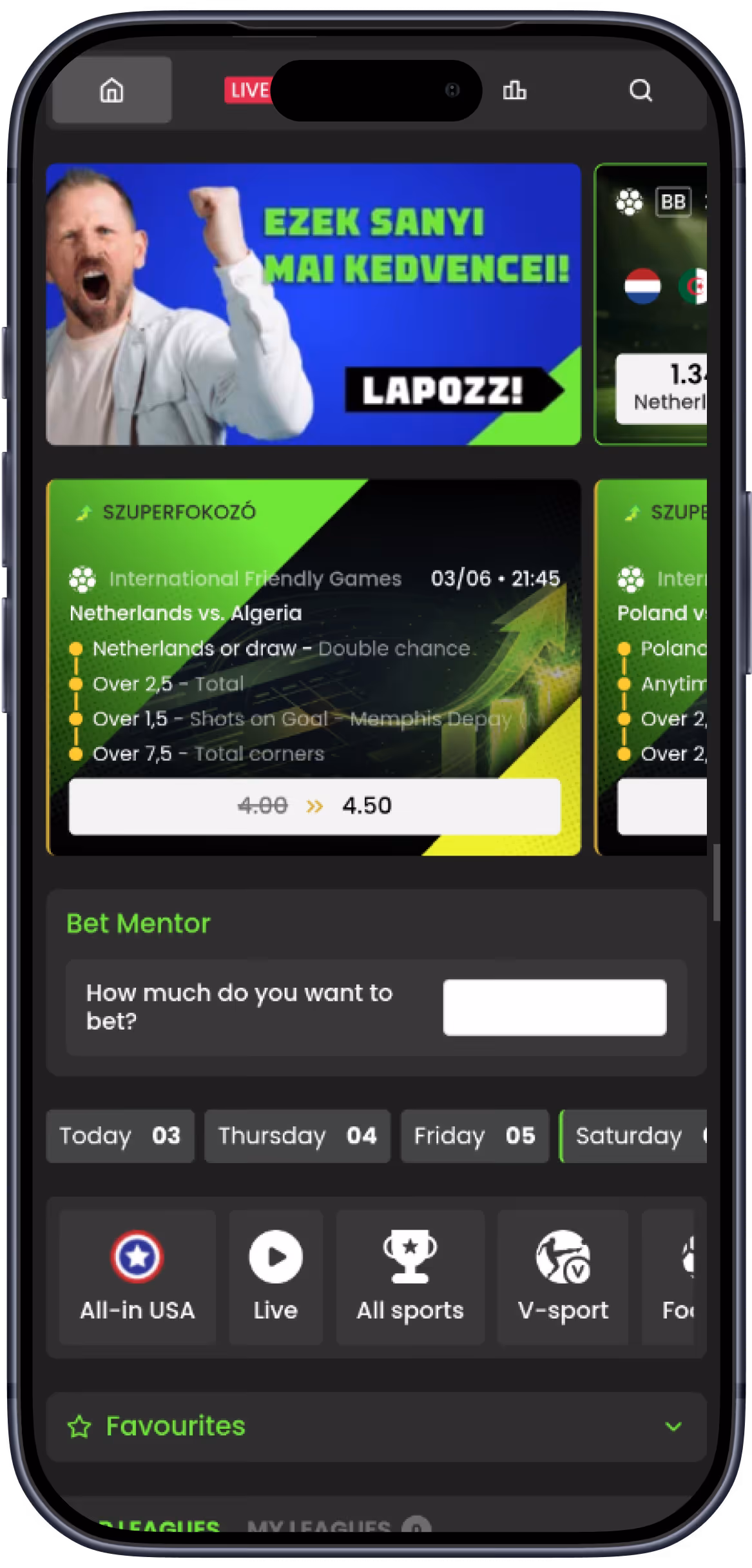 Mobile screen showing live sports betting app with match info, odds, and betting options.