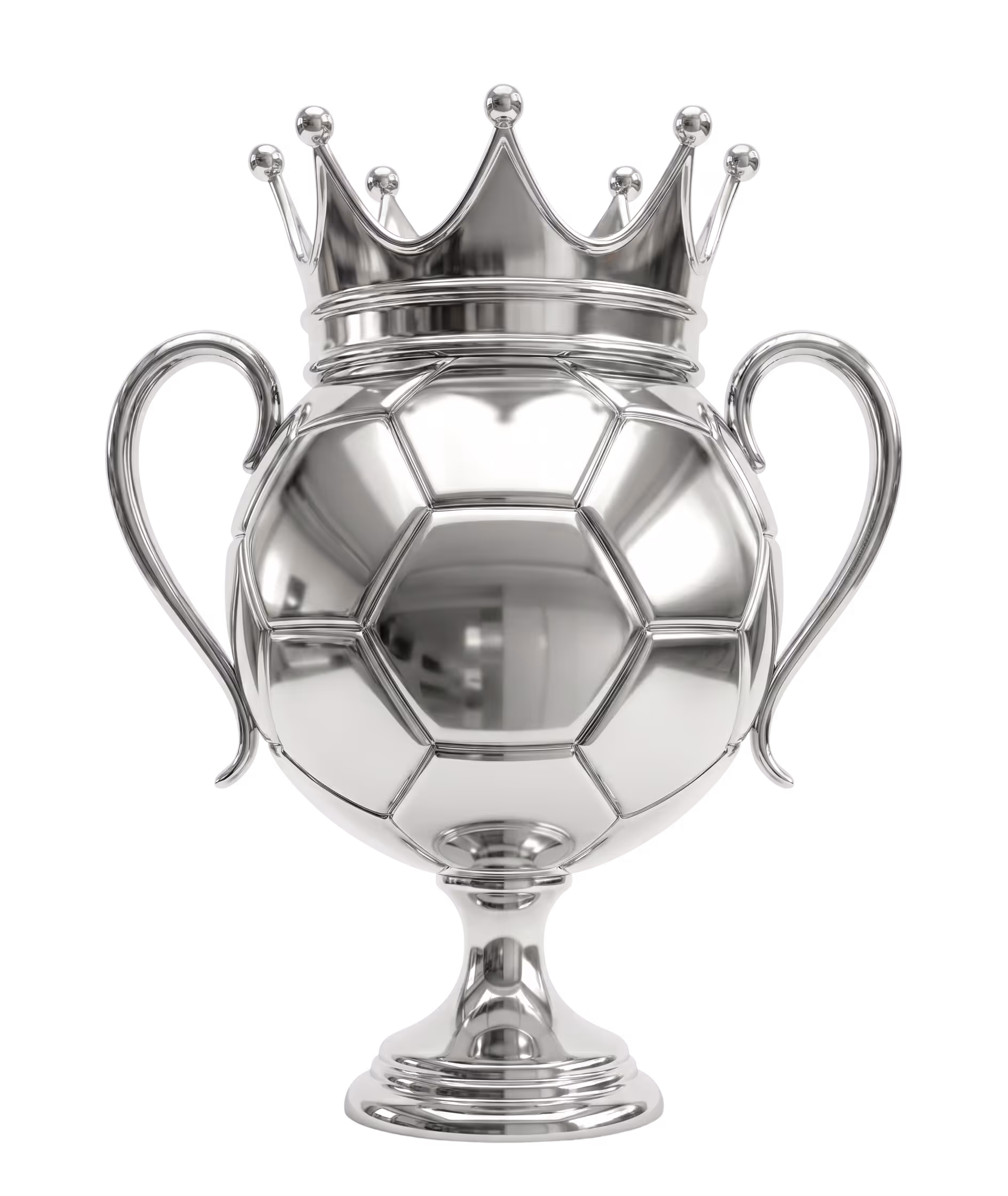 Silver trophy shaped like a soccer ball with two handles and a crown on top.