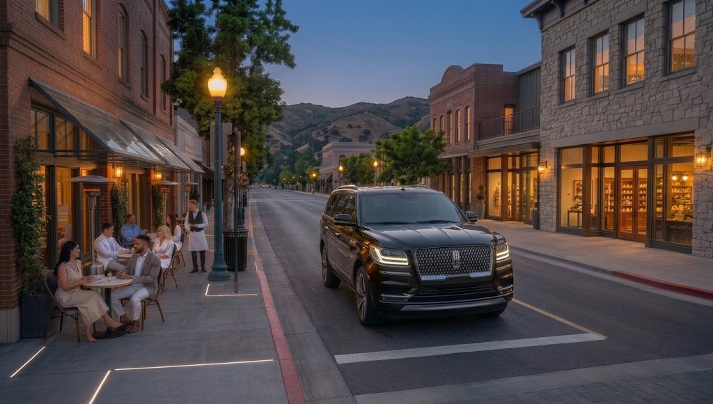 Black Lincoln Navigator on a wine country main street at dusk